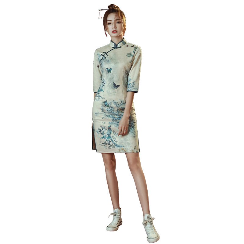 Qipao chino tradicional de para mujer, vestido de media manga, Cheongsam impreso, , de noche, ropa de Año Chino