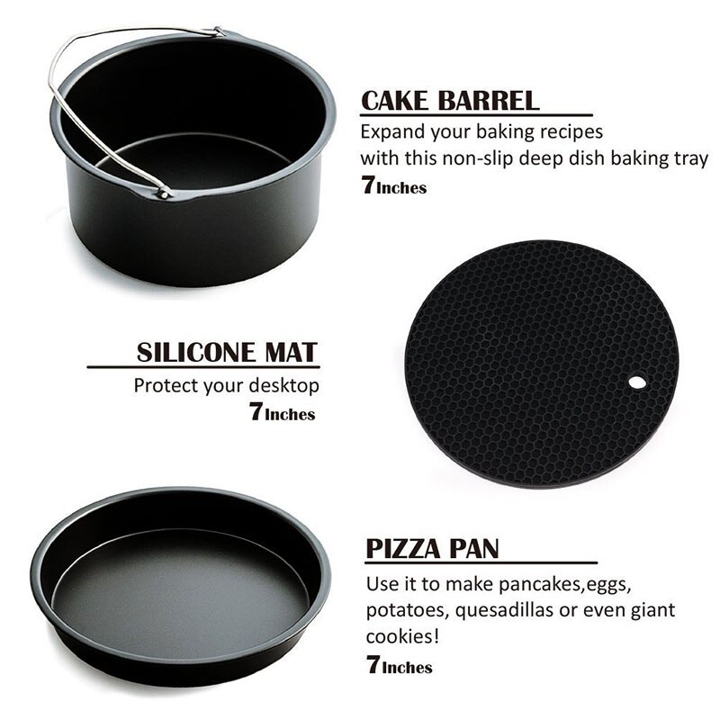 Electric Deep Fryer Parts Air Fryer Accessories 7in Inch 8 Pieces Set for 3.5-5.8QT Cake Barrel Pizza Pan Grill Kitchen Tools