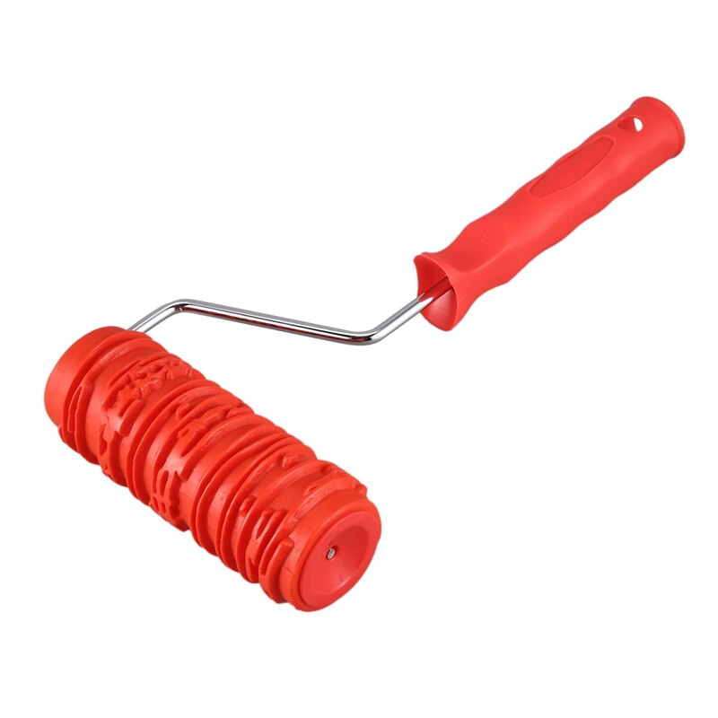 AYHF-6 Inch Painting Roller with Handle Rubber Wood Pattern Graining Knurling Tool for Wall Decoration Red