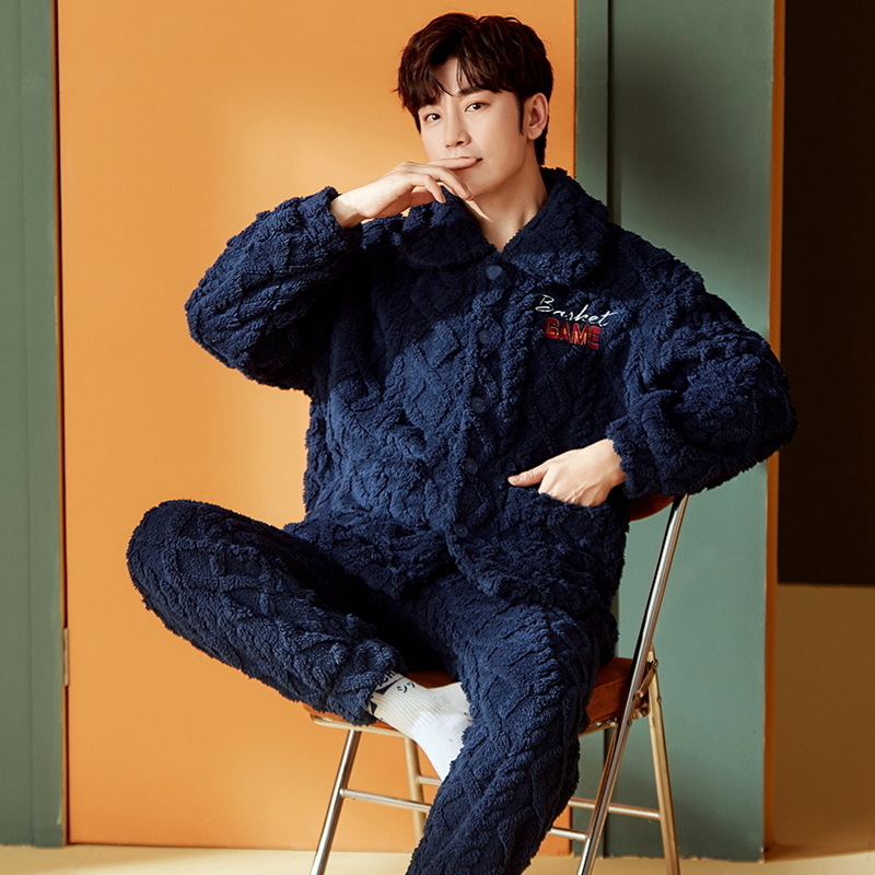 Big Size 3XL Male Pajamas Sets Flannel 2PCS Sleepwear Long Sleeve Shirt&amp;Shorts Letter Pijamas Suit Home Wear Winter Nightwear: navy blue / XXXL