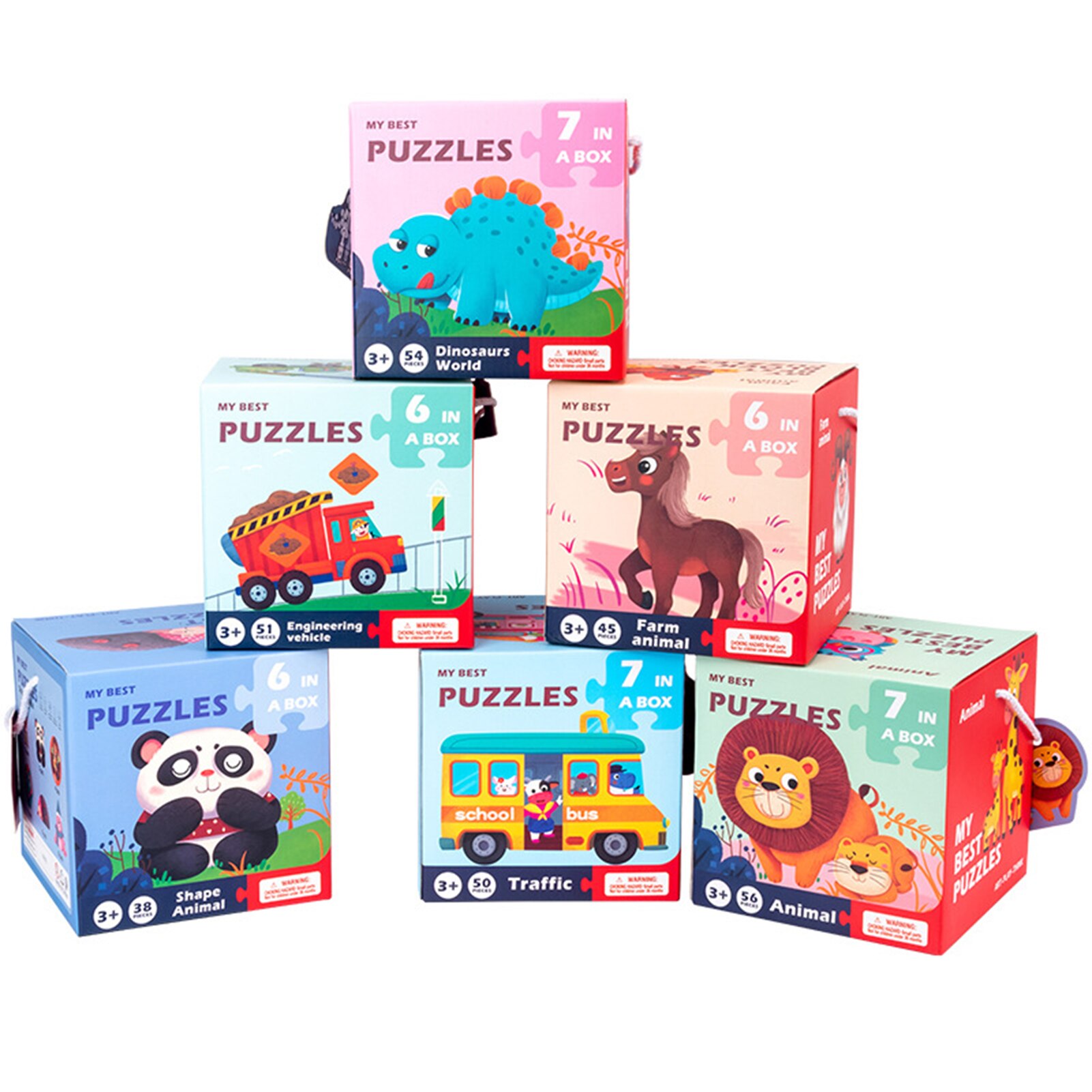 6Pcs Dieren Voertuig Houten Dubbelzijdig 3D Puzzels Intelligentie Kinderen Speelgoed Kids Educatief Speelgoed Voor Kinderen