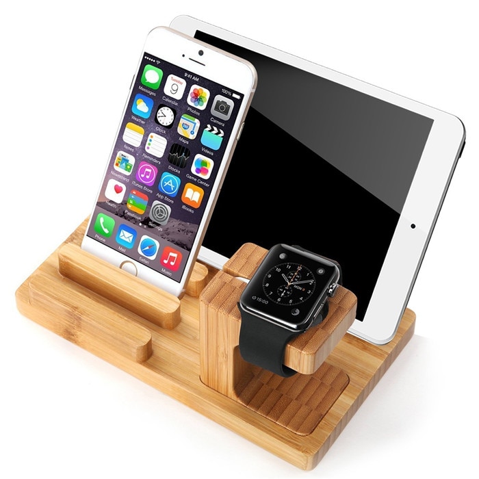 Soporte de carga de madera de bambú para Apple Watch iPhone Plus, 7, 6, ipad 234, Air Cellph one, 3 en 1