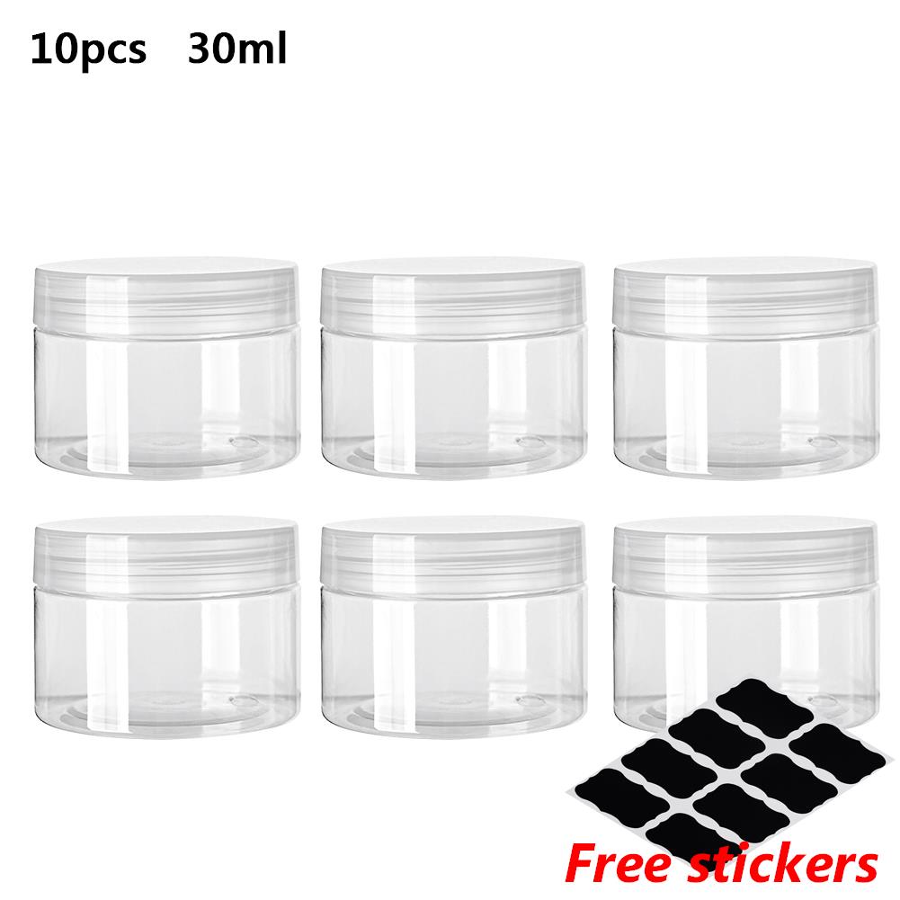 10pcs 30/50/60/80/100/120/150ml Food Storage Jars Clear Lid Bottle Pot Balm Plastic Container Can Tin Transparent Screw Empty: black