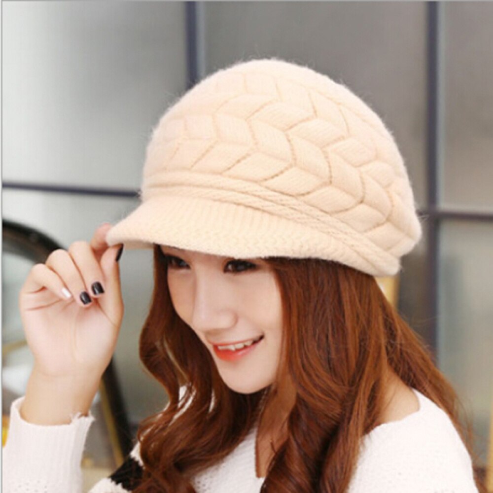 Winter Warm Knit Hat Wool Snow Ski Cap With Visor (Beige)