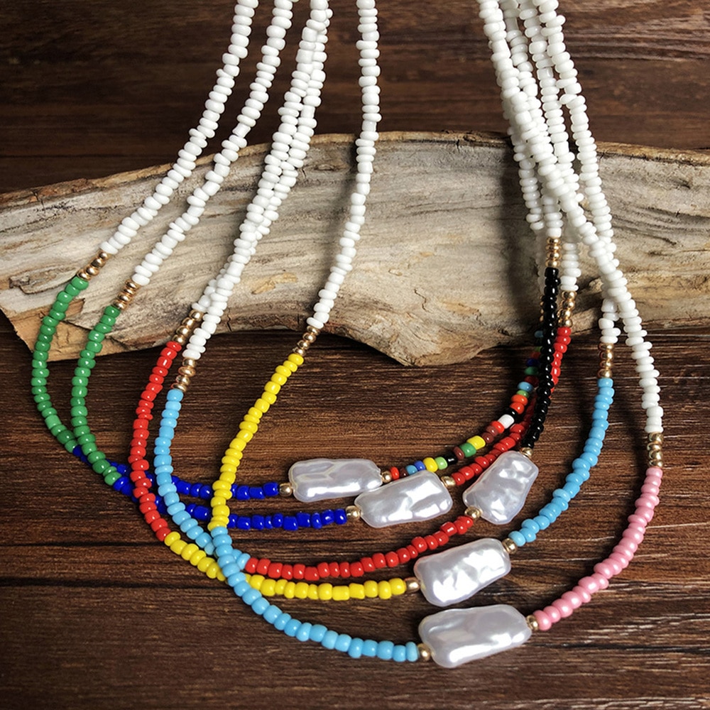 Färgglada pärlfrö pärlor halsband kvinnor boho smycken regnbåge etniska chokers diy bohemiska sten pärlor choker halsband