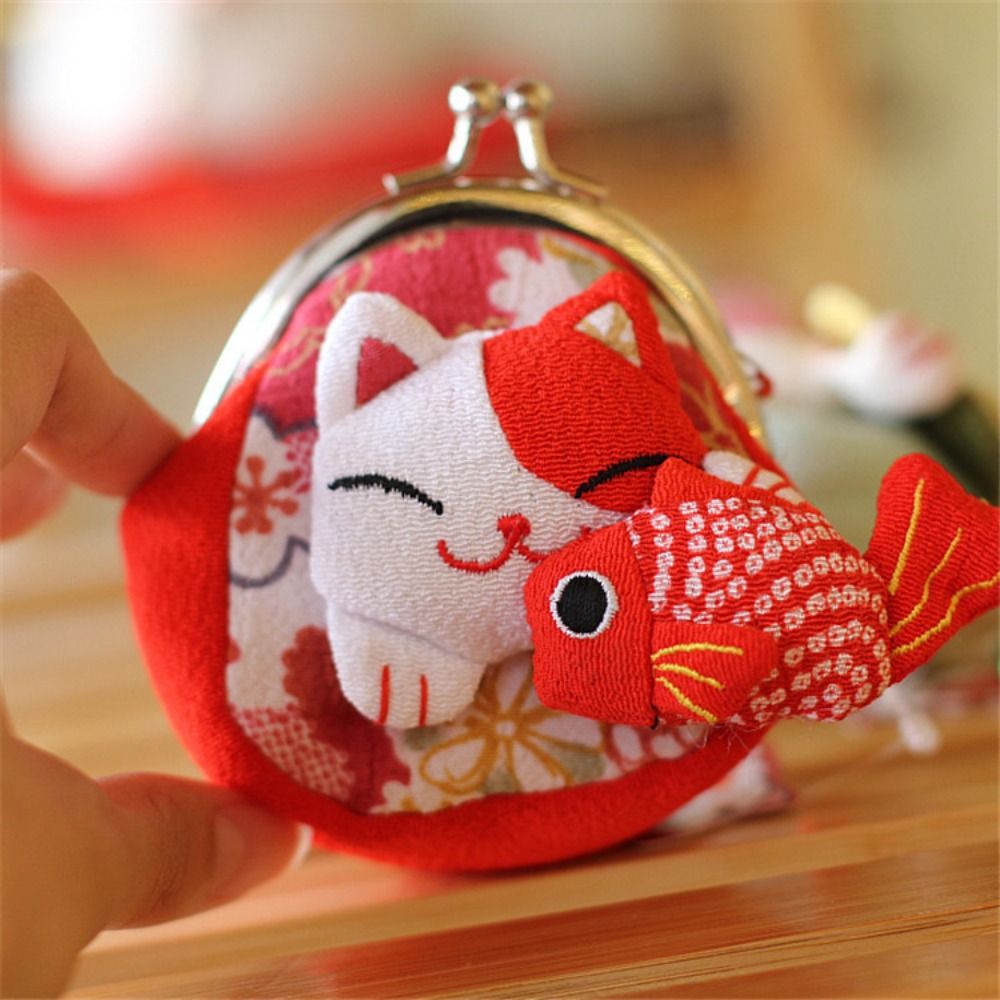 Retro Japanese Style Maneki Neko Coin Purse Doll Flower Printing Lucky Cat Clutch Bag Storage Bag Wallets Card Holder Women