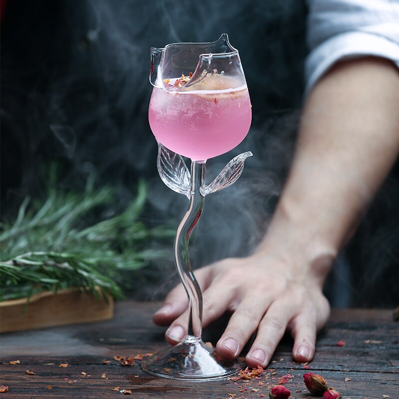 High Rose Shape Goblet Transparent Pink Rose with Leaves Wine Champagne Glasses Romantic Water Cups