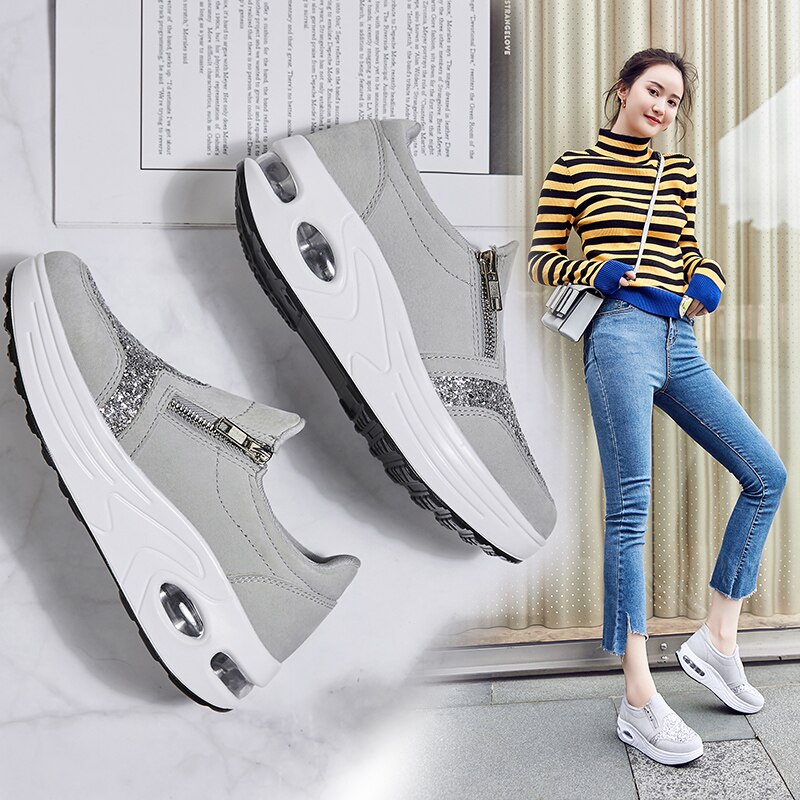 Lynlås wedges sko til kvinder sneakers zapatillas fitness udendørs sportssko luftpude shake teni feminino sko toning: Grå / 5