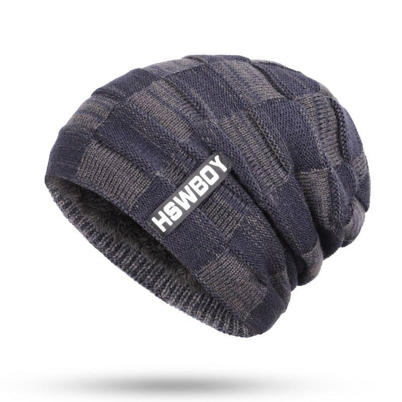 Brand HSWBOY Knit Beanie Hat Winter Striped Plaid Plus Velvet Thicken Hedging Cap Warm Man Male Bone Skullies: NAVY