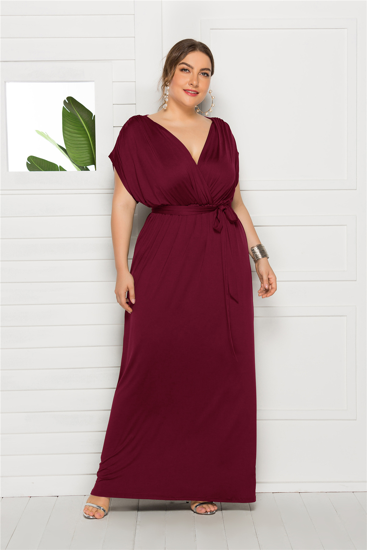 Vestido largo de talla grande para mujer, prenda de manga corta con cuello en V, holgado, informal, talla grande 4XL, 2023: L / Color claret
