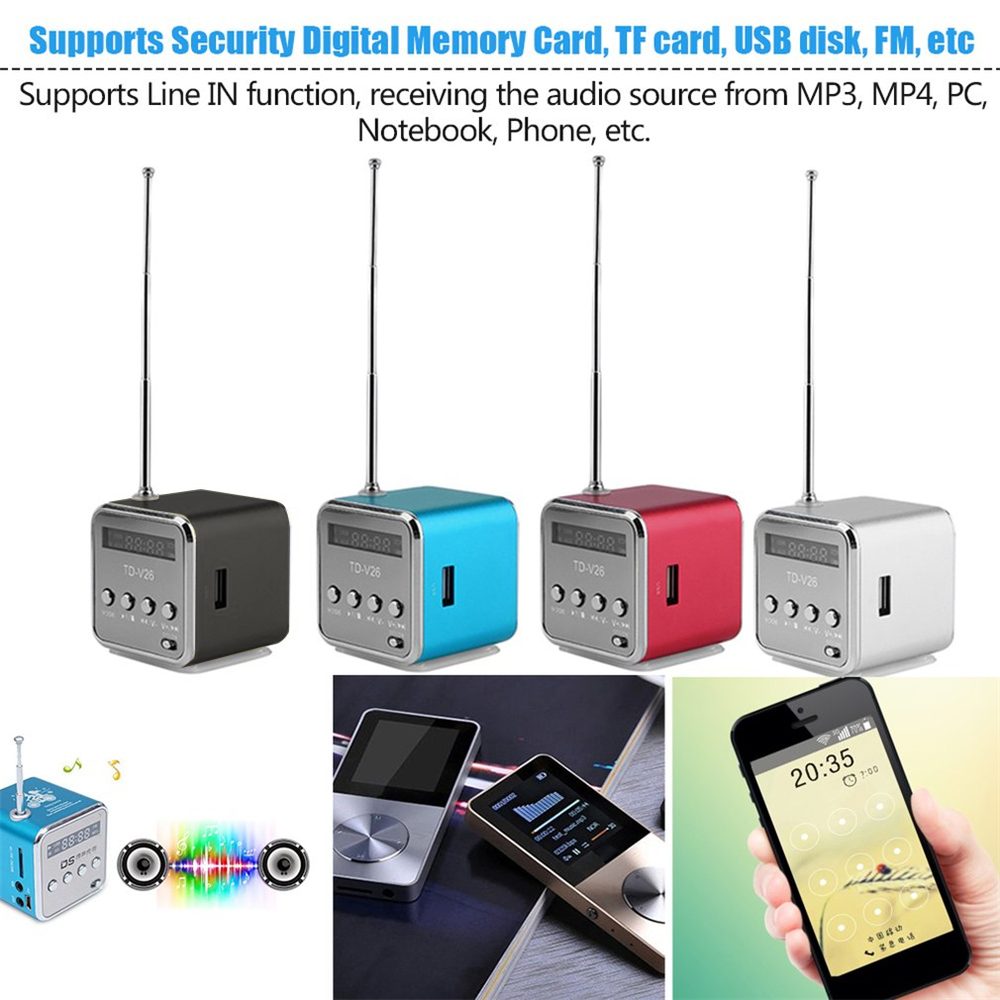 TD-V26 Mini draagbare geluidsluidspreker TF-kaart FM-radio AUX Stereo muziekspeler Bluetooth-luidspreker