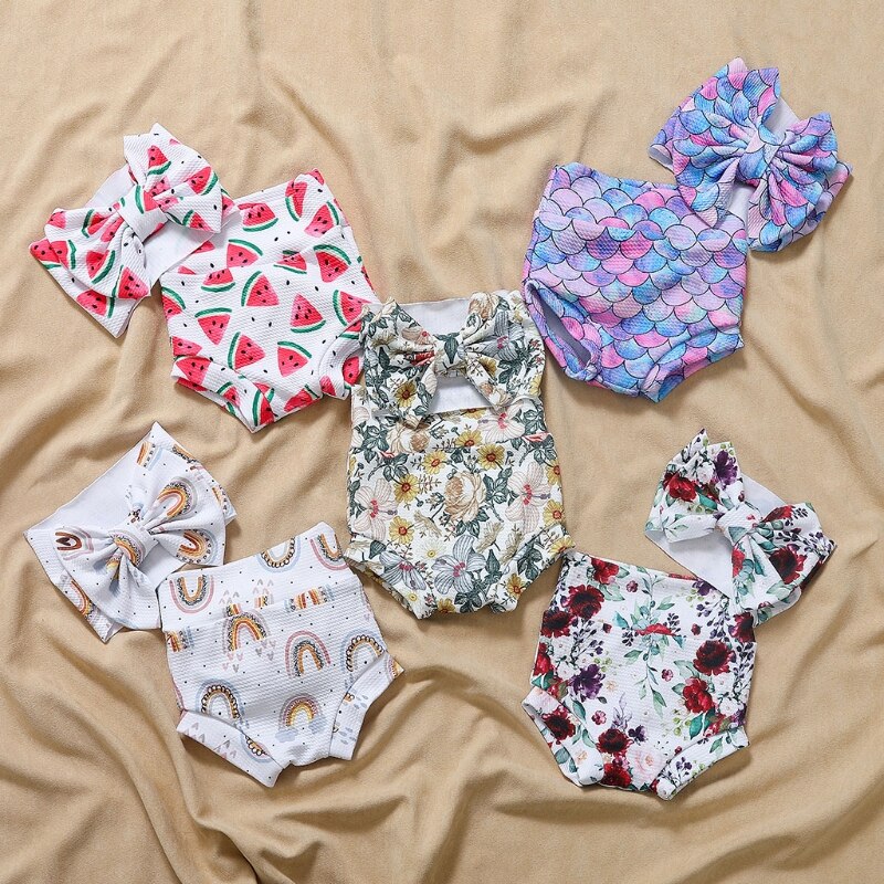 77HD 2 Pcs Baby Zomer Print Shorts Hoofdband Set Korte Broek Boog Haar Band Kit Voor Pasgeboren Zuigelingen Douche