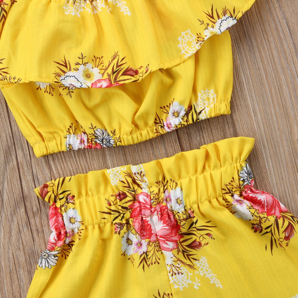 Kid Girls Summer Clothing Set Off Shoulder Floral Top + High Wait shorts 2Pcs Clothing Set