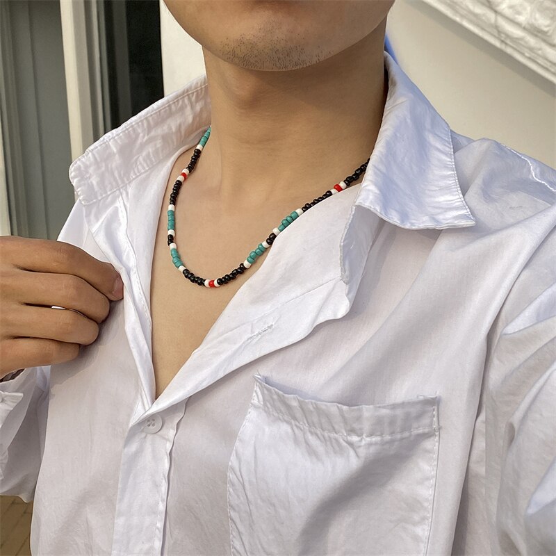 Vier-Kleur Kralen Ketting Mannen Mode Persoonlijkheid Eenvoudige Stiksels Rijst Kralen Ketting Party Accessoires