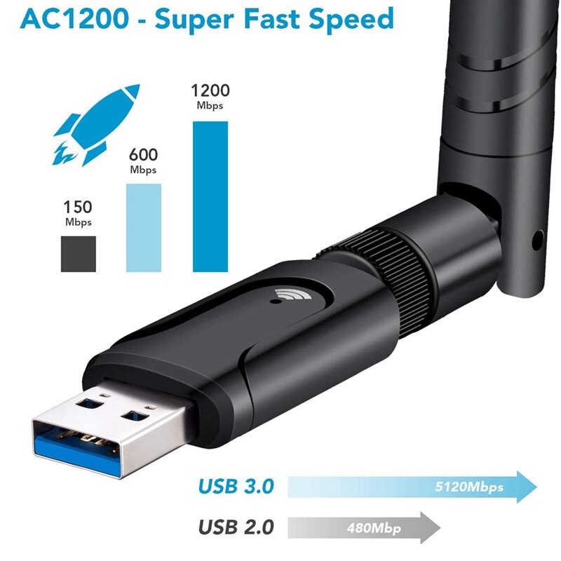 Usb 3.0 wifi adapter wifi dongle 1200 mbps 802.11 ac trådløs netværksadapter med dual band 2.42 ghz /5.8 ghz 5 dbi antenne