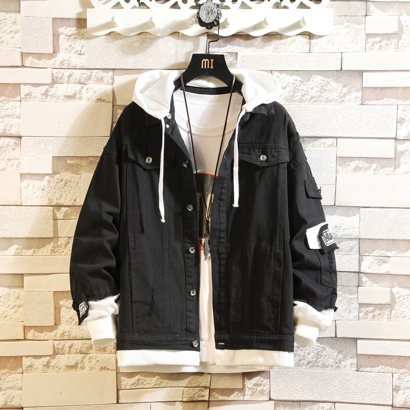 Pink Black Green Jeans Jacket Men Slim Streetwear Ripped Denim Jacket Hoodie Men Hip Hop Bomber Jacket Homme Autumn