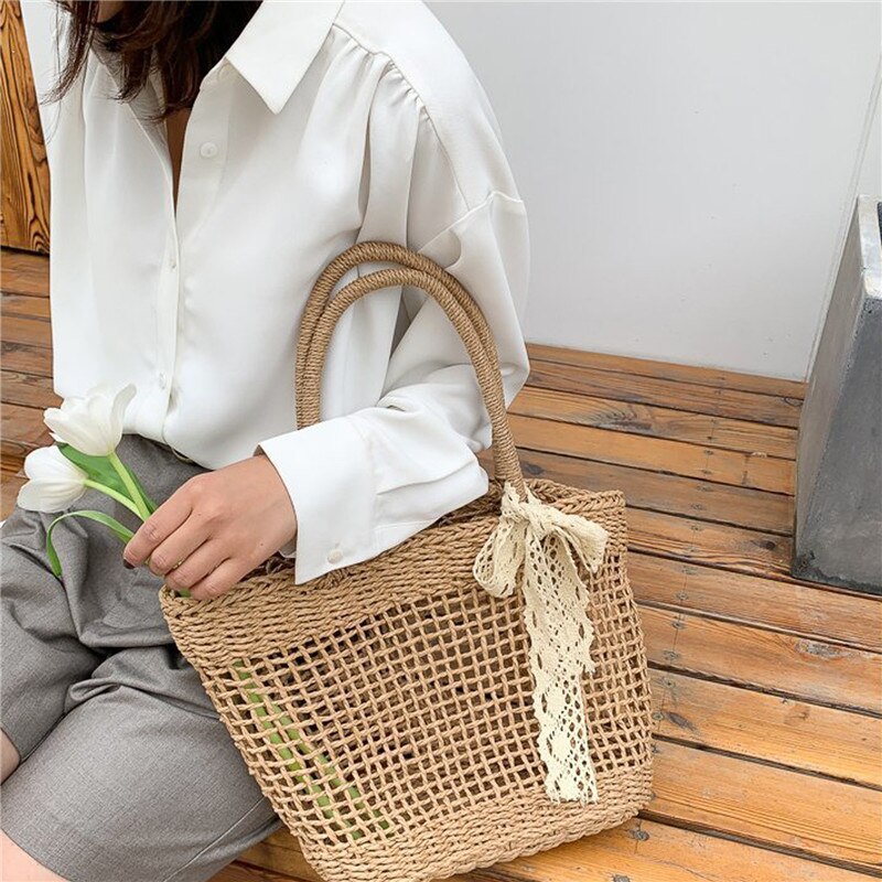 Handwoven Stro Rotan Strand Handtas Vrouwen Meisjes Zomer Hollow Out Crossbody Schoudertas Met Strik Kant Kwasten