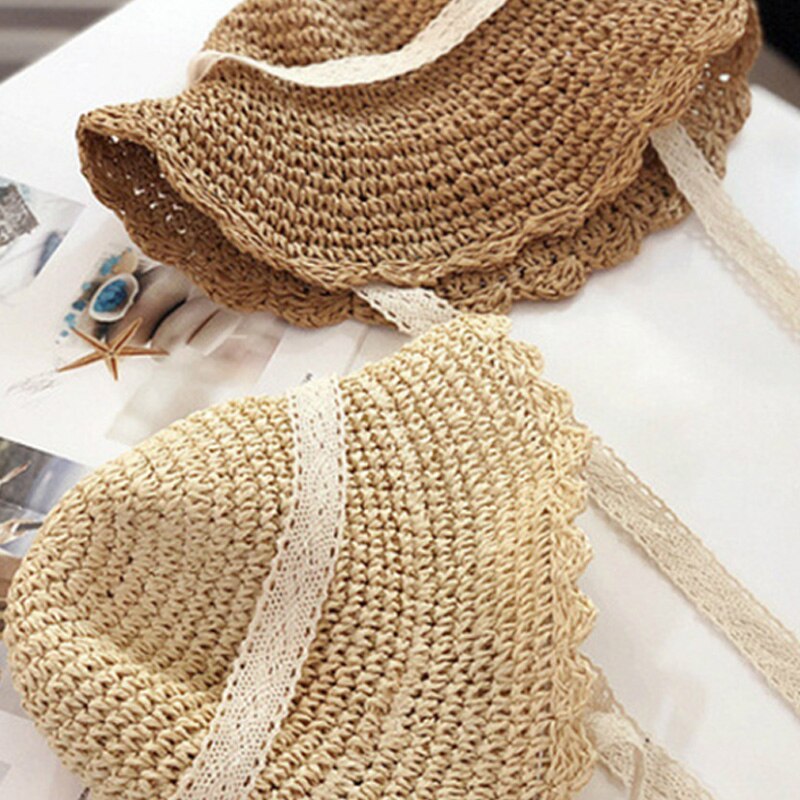 Barns stråhatt bredbremmet lue håndlaget blonder sammenleggbar strandhatt dame sommerhatt baby chapeau femme foreldre-barn lue beig