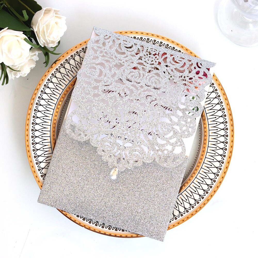 10pcs Pearl paper Business Invitation Glitter Openwork Pocket Rose Lace Invitation Card Wedding Invitation Universal