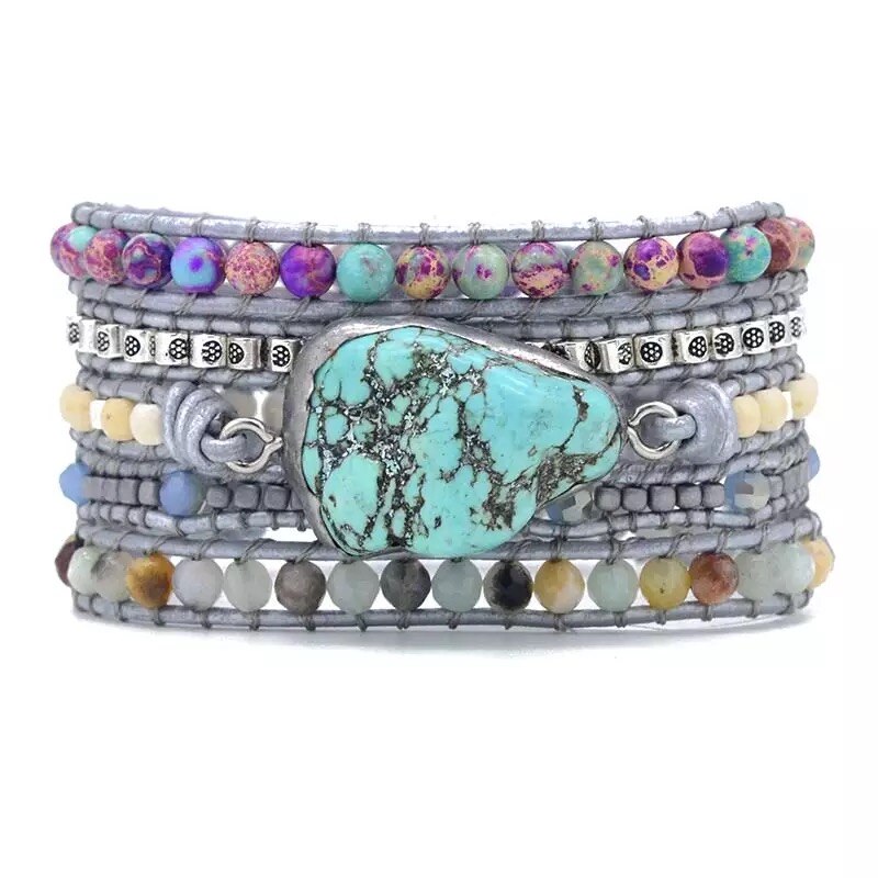 Gratis Epacket Boho Gevlochten Lange Wrap Armband Natuurlijke Turquoise Stone Armband