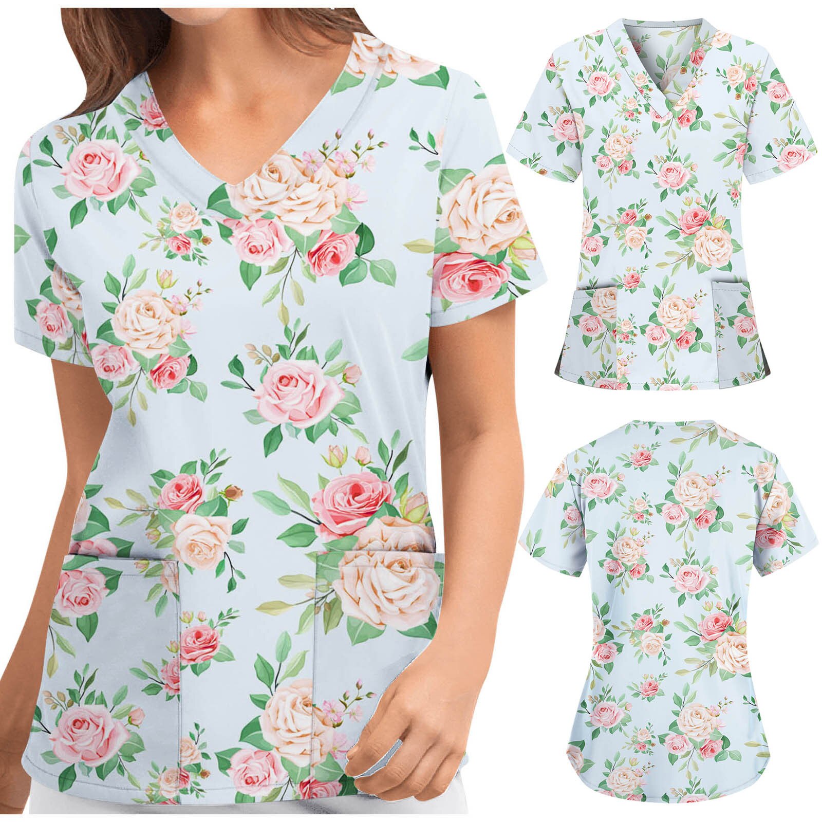 Women Blouse Nurse Scrubs Top Short Sleeve V-neck Floral Pattern Tops Nursing Working Uniform Blouse Ropa Floral Mujer Uniforme