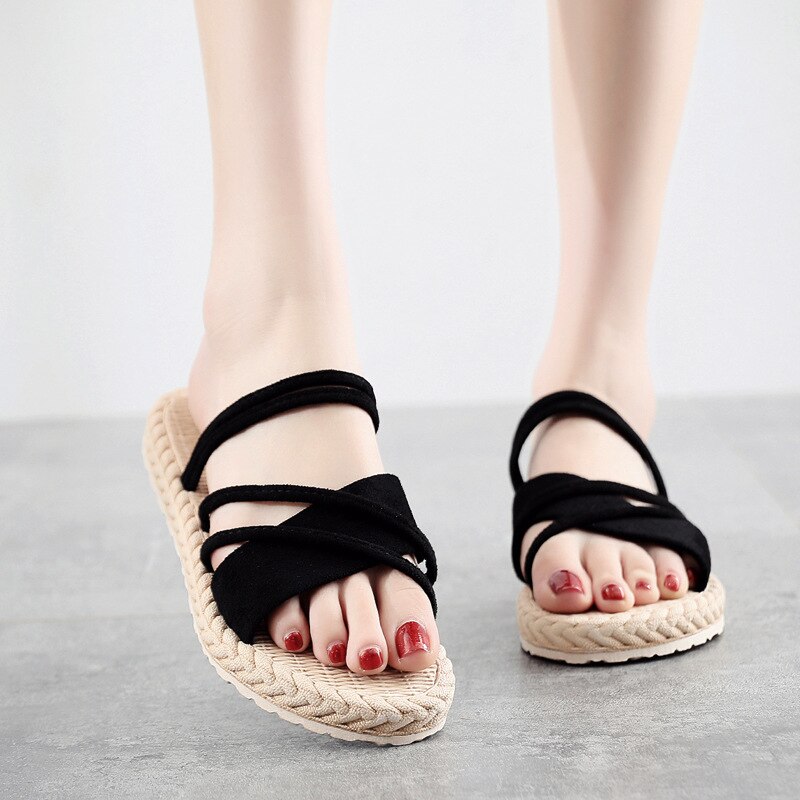 Sandalias planas ligeras para mujer, de color liso, sencillas y para exteriores, zapatos de playa para mujer, chanclas de color caramelo para niña: Negro / 8