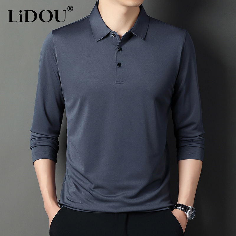 Spring Autumn Solid Color Long Sleeve Polo Shirts Man High Street Casual Loose All-match Pullovers Office Button Top