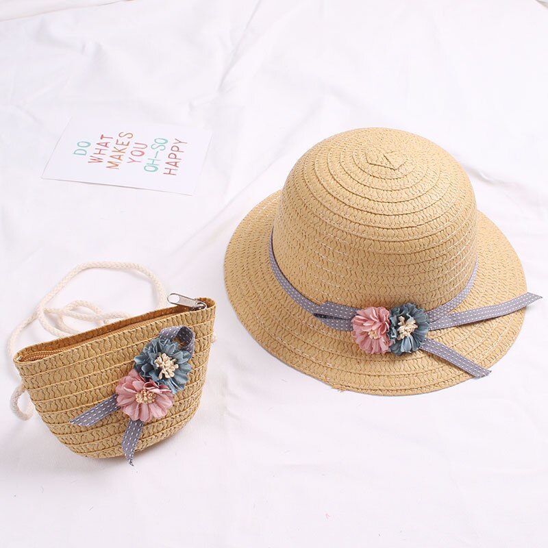 Zomer Baby Bloem Ademend Strohoed Met Handtas Tassen Kids Hoed Jongen Meisjes Zonneklep Uv-bescherming Panama Hoed gorras: 3-khaki