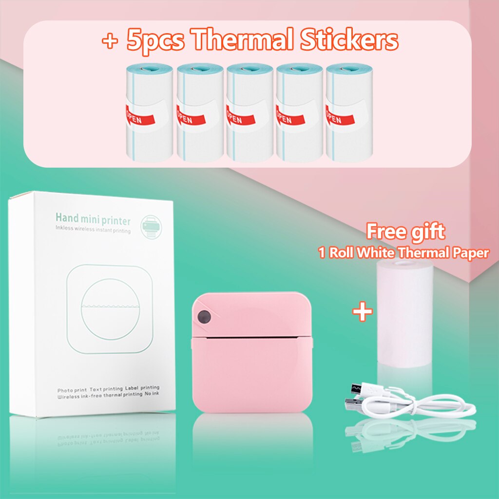 Portable Mini Printer Pocket Printer Student Note Printer Photo Text Bar Code Printer: Pink 5 Stickers