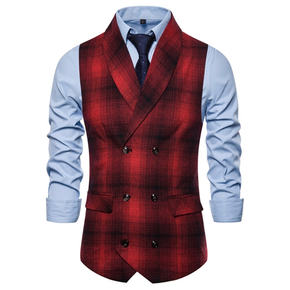 Vest Spring and Autumn Men's Checkered Green Fruit Collar Double Breasted Slim Business Casual Suit Waistcoat