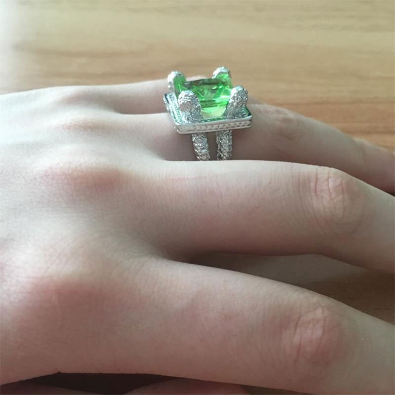 Bague de fiançailles et de mariage pour femme, accessoire de Glamour, vert, Zircon, plaqué argent