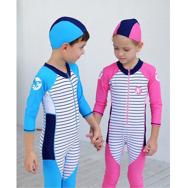 Kids Long Sleeve Swimsuit Sun Proection Full Body Swim Suit Sunsuits Cap UPF 50+ Rash Guards Zip Up Stinger Suit for 3-9 Years