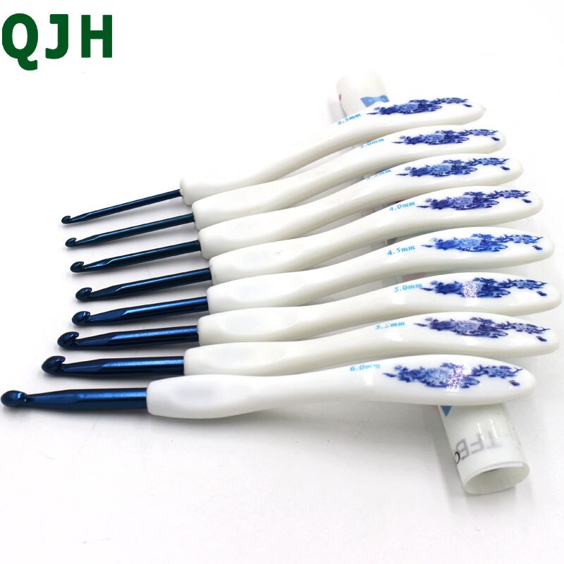 QJH 8 stks/set Chinese Stijl Retro Bloemenprint Plastic Handvat Aluminium Haaknaalden Breinaalden Ambachten Weven Tool: blue