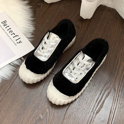 Zapatos peludos femeninos Otoño e Invierno pelo de cordero color plano a juego zapatos deportivos de encaje zapatos casuales de galleta marea: Black / 37