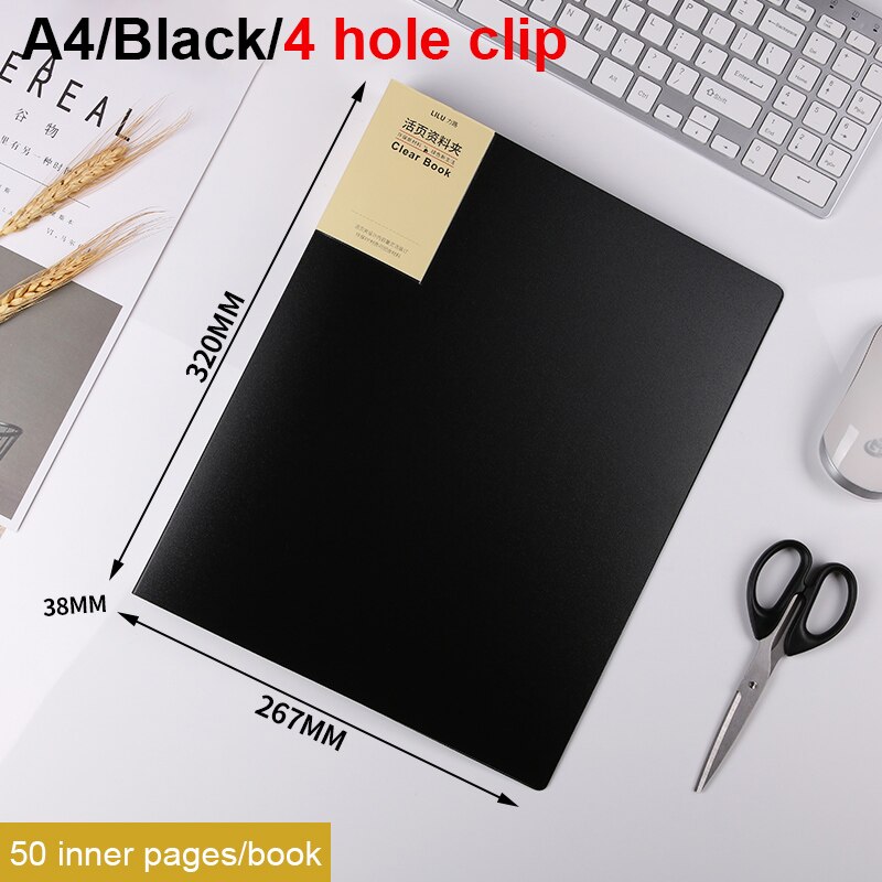 Loose Leaf Folder A3/A4/B5/A5 Transparent Detachable Folder Inner Core Document Bag Picture Storage Collection Book: A4 Black 4 holes