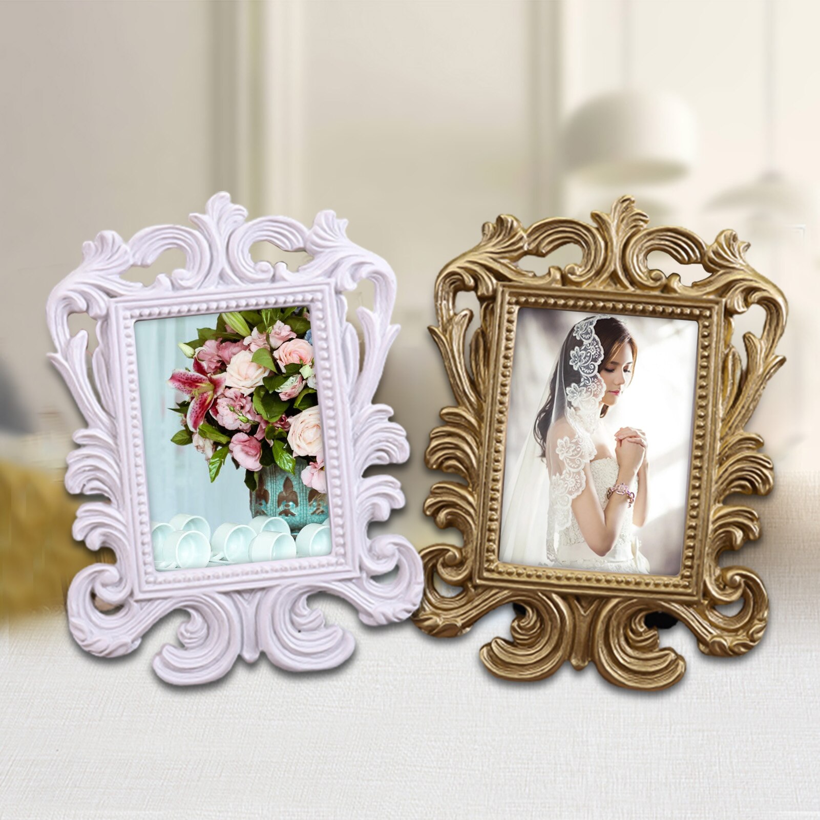Retro Floral Photo Frame Elliptical Desktop Picture Frame Ornament Small Baroque Photo Holder Photo Prop Wedding Home Decor