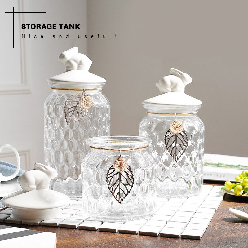 Suiker Blikjes Europese Glazen Snoep Opslag Jar Keramische Konijn Cover Crystal Opslagtank Decoratie Ornamenten Keuken Crystal Jar