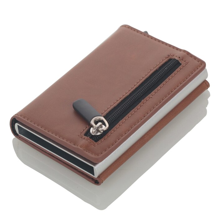 Porta tarjetas de crédito antirrobo para hombre, billetera de cuero Rfid con bloqueo, tarjetero metálico de aluminio Unisex con información de seguridad: Brown