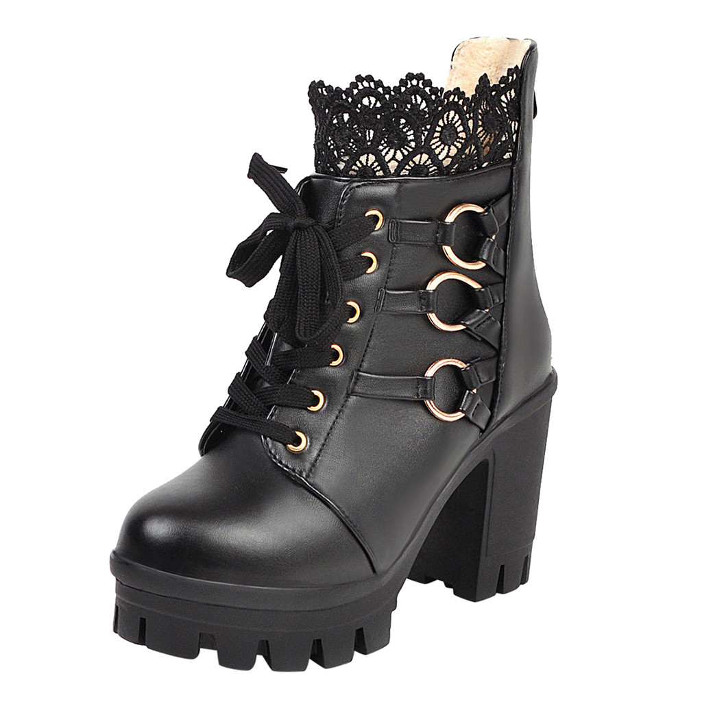 Bota feminina gótica coreana, calçado renda cor pura salto alto moderno inverno sapatos # g4: Black / 6