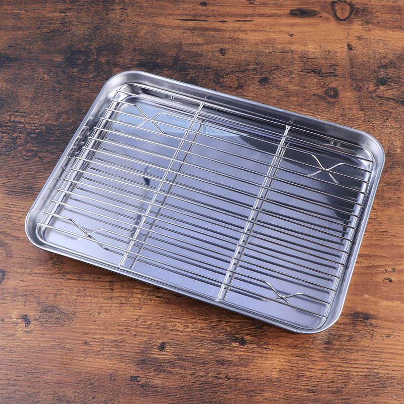 2 Pieces Rectangular Baking Tray Stainless Steel Baking Pan Sheet Oil Drain Tray Dish Filter with Removable Cooling Rack
