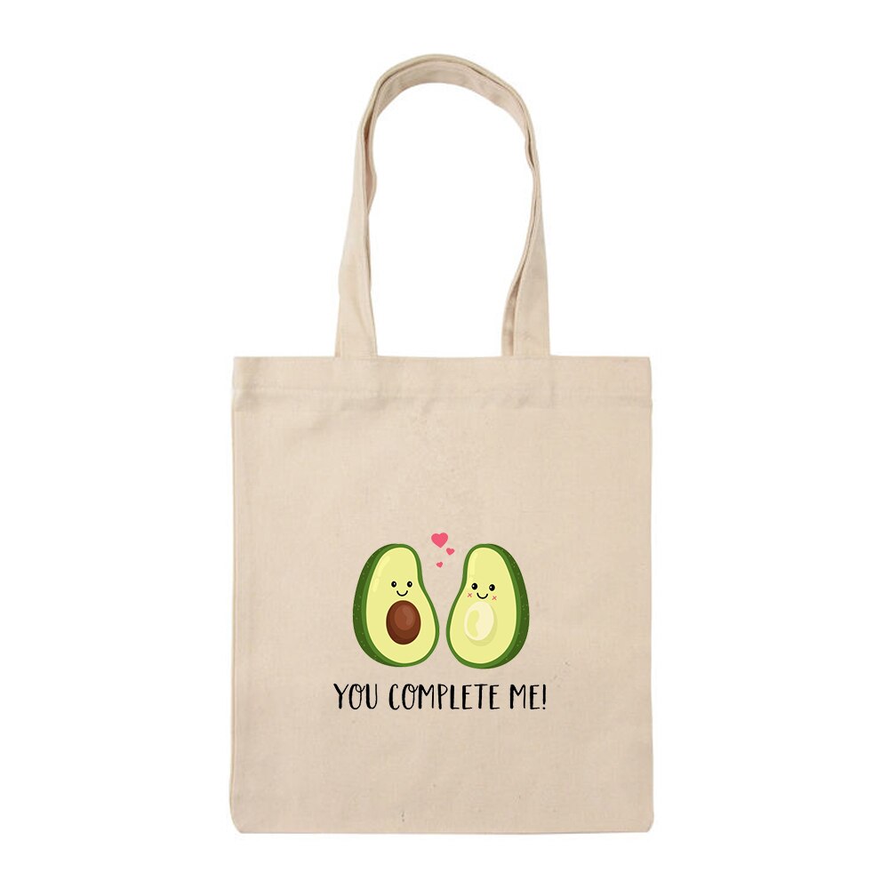 Cute Couple Avocado Print Large Capacity Canvas Tote Bag Cotton Cloth Reusable Shopping Bag Women Beach Handbags Shopping Bags