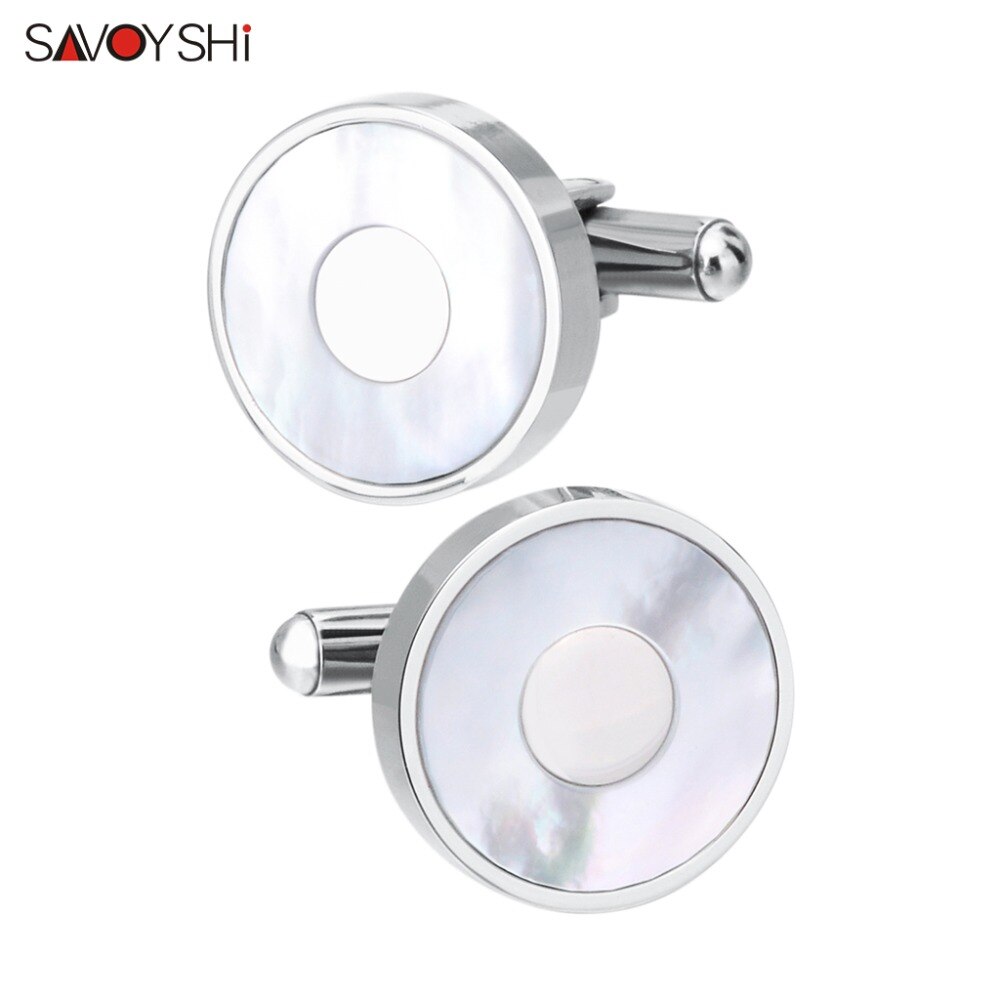 SAVOYSHI Silver color Mens Cufflinks Brand White Shell Cuff links Round Formal Business Wedding Shirts Jewelry