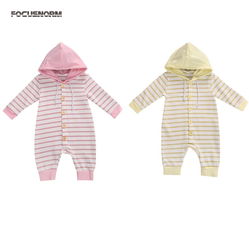 FOCUSNORM 0-24M Autumn Winter Baby Girls Boys Striped Rompers Hooded Long Sleeve Single Breasted Jumpsuits