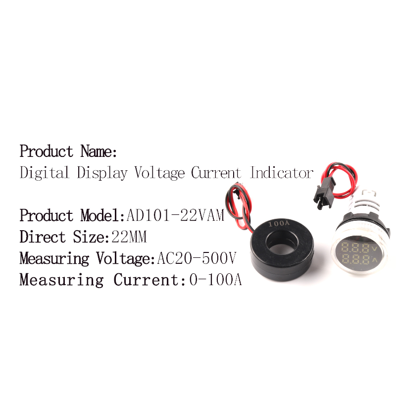 22mm okrągły kwadrat podwójna lampa doprowadziło wskaźnik pilot LightDigital woltomierz amperomierz 0-100A wzmacniacz napięcie wolt miernik testowy AC 20-500V: VAM okrągły biały