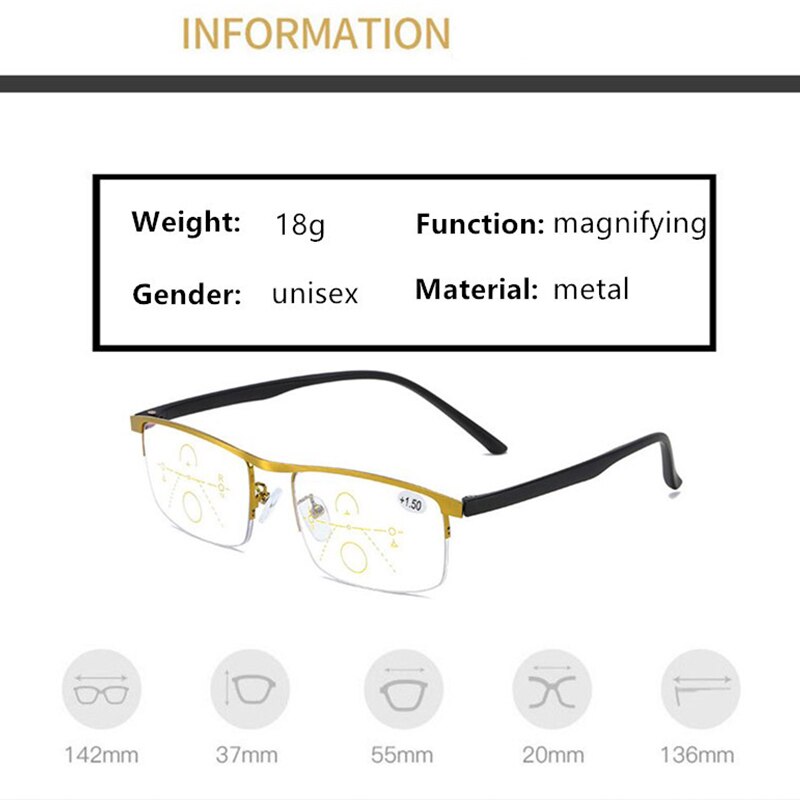 Progressive Multi-Focus Computer Reading Glasses Blue Light Blocking Metal Alloy Multifocal Readers Eyeglasses