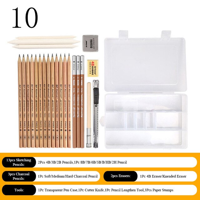 Sketch Pencil Set Sketching Drawing Kit Wood Pencil Bags Students Drawing Art Supplies Office Stationery: 10
