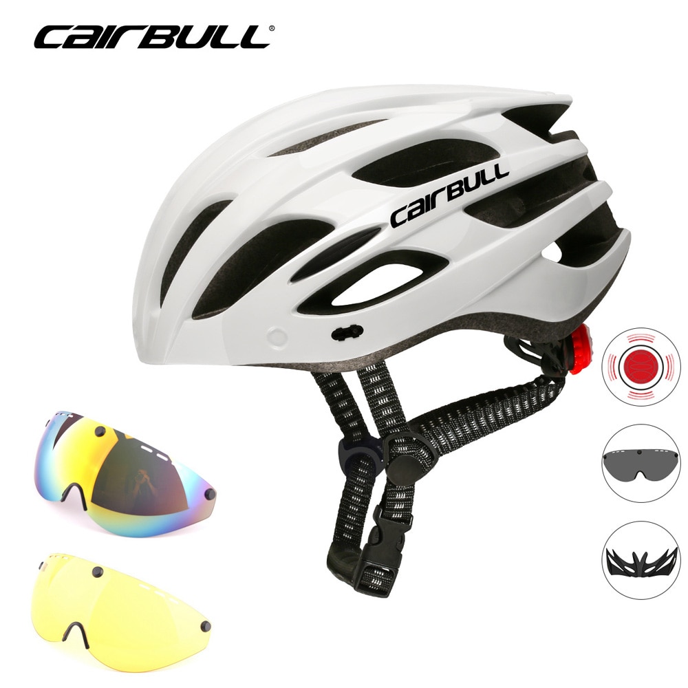 Cairbull-casco de ciclismo con 3 lentes, luz LED trasera con visera extraíble, gafas de seguridad Casco de Bicicleta de carretera, moldeados integralmente, cascos de MTB