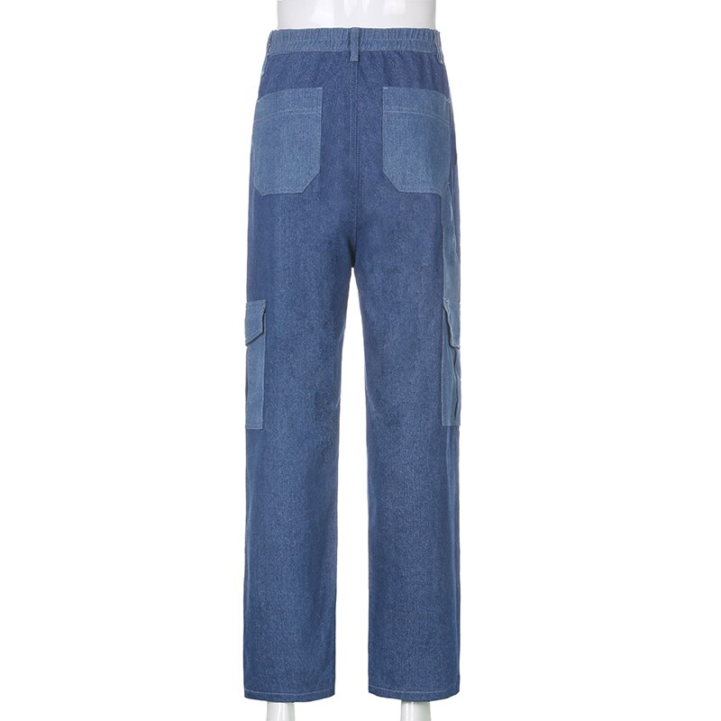 Rapcopter store lommer jeans kvinner  y2k bukser høy midje bukser blå denim glidelås jeans 90s lappede cargo bukser pop streetwear