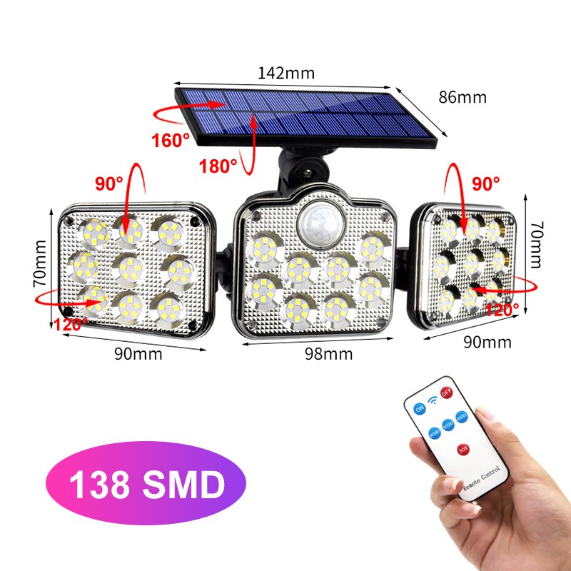 Solar LED Light Outdoor 108 LED 3 Head Motion Sensor Remote Control Lamp 270 Wide Angle Illumination Wall lamp Flood Lights: Integrated-138 SMD