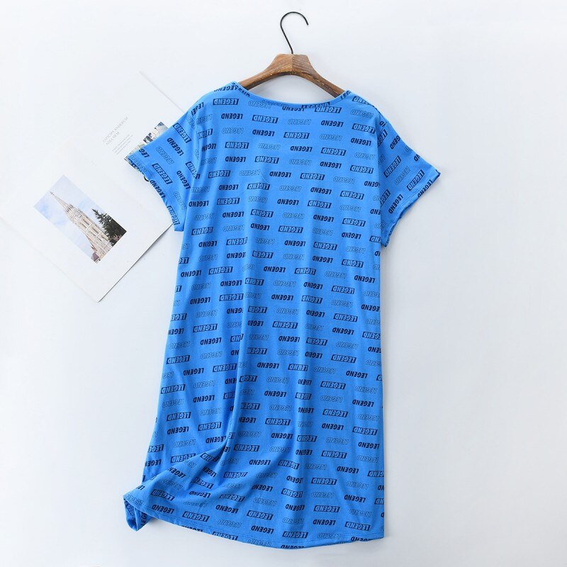 Plus Size Zomer Vrouwen Blauw Nachthemd Korte Mouw Ronde Kraag Nightgowns Vrouwelijke Casual Brief Print Nachtkleding Sleepdress Xxxl